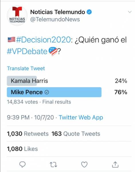 Telemundo Deletes Debate Poll Showing Mike Pence Defeated Kamala Harris 76-24%  |  LifeNews.com