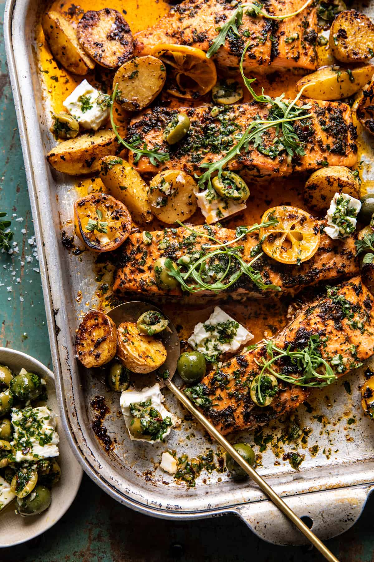 Sheet Pan Roasted Lemon Garlic Butter Salmon with Feta and Olives. - Half Baked Harvest